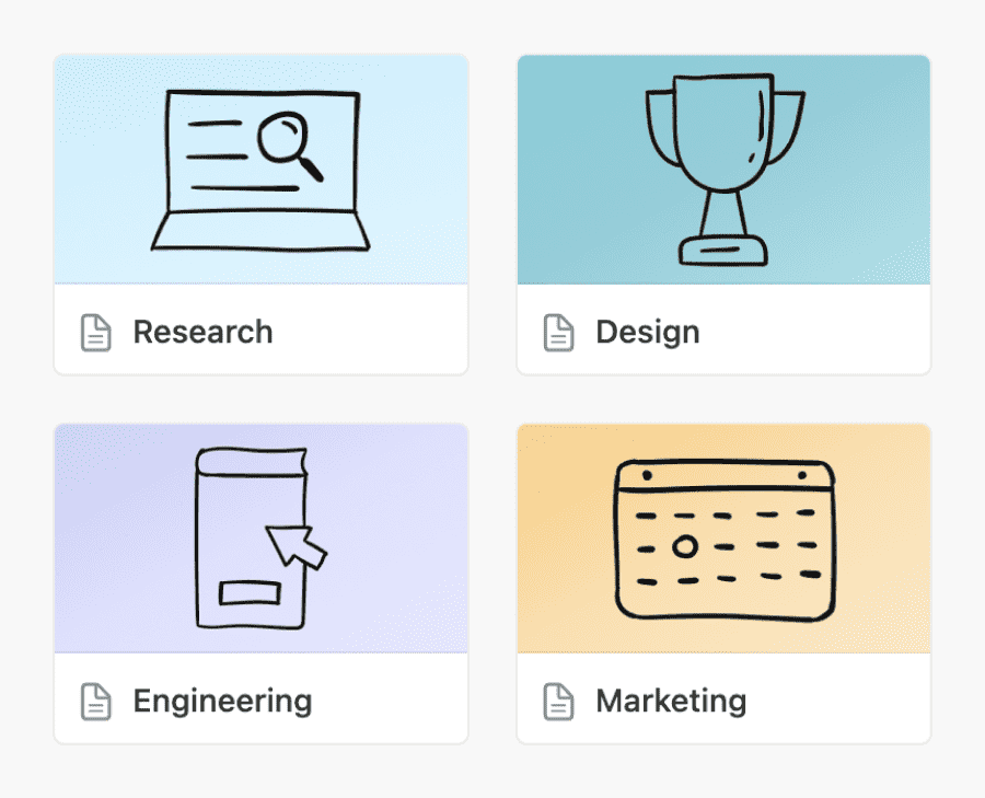 Four cards in Notion titled: research, Design, Engineering, and Marketing