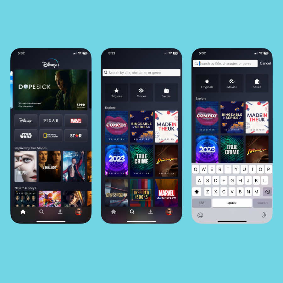 Three views of the Disney Plus mobile app: default view showing the search icon in the tab bar, second view showing the search screen full of random content, and the third view showing the search input focussed with the soft keyboard revealed