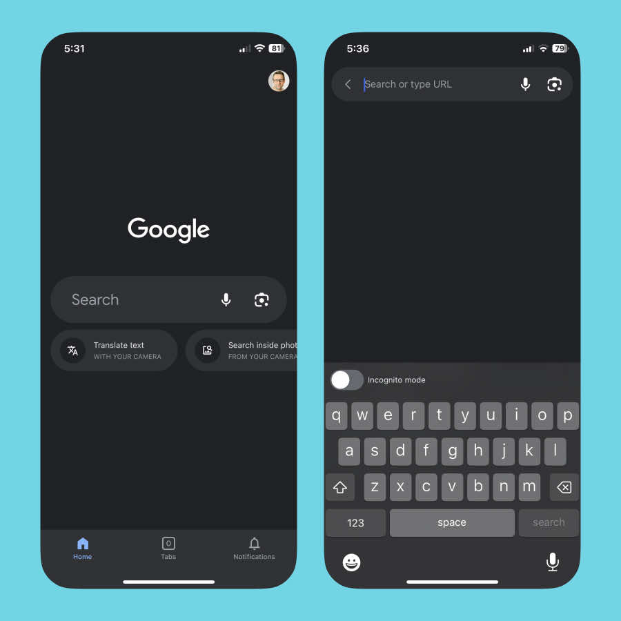 Two views of the Google mobile app: the default view showing the search input halfway down the screen, and the focussed view showing the soft keyboard