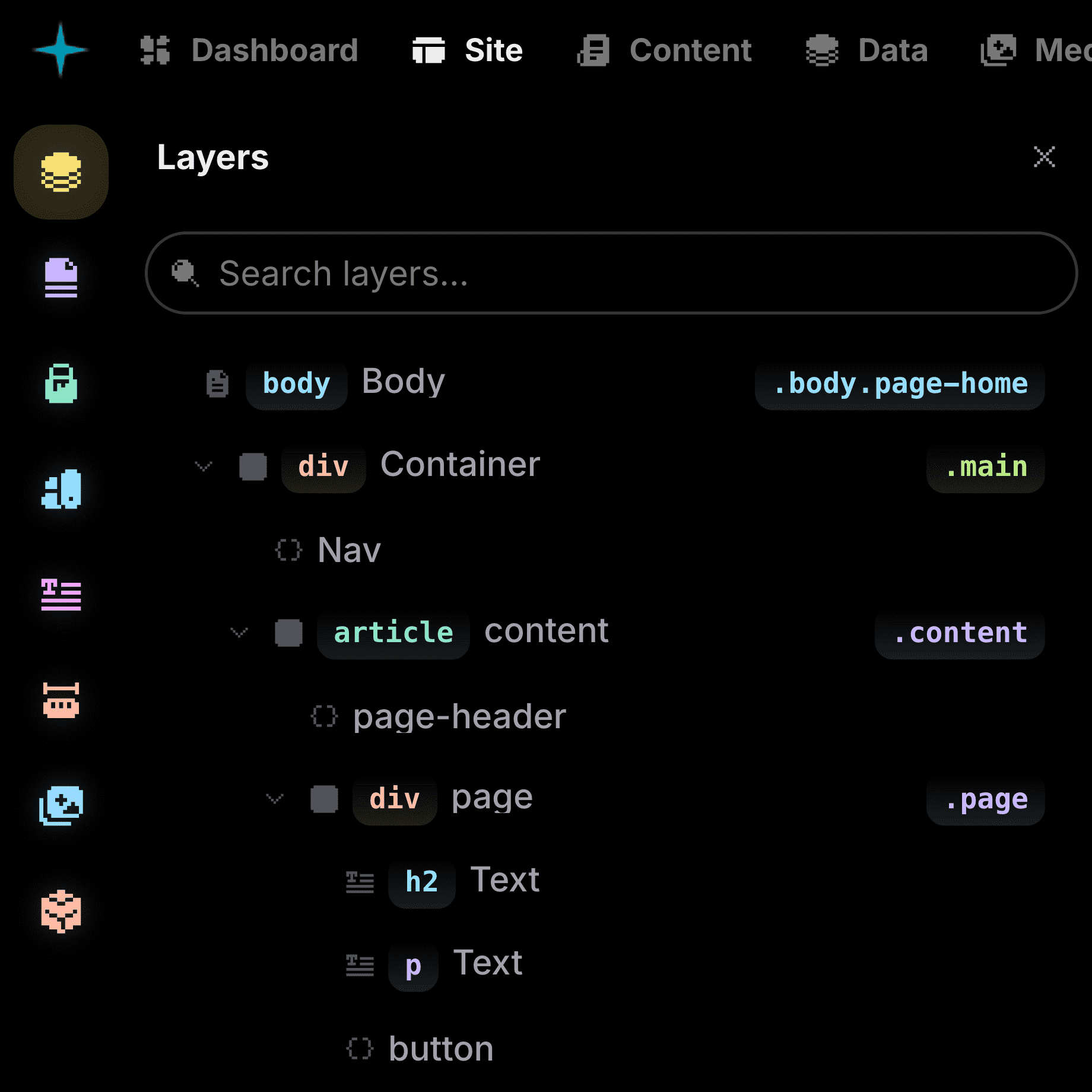 Instatic’s layers panel
