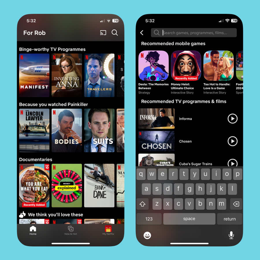 Two views of the Netflix mobile app: the default view showing the search icon in the top right corner, second view showing the search input focussed and the soft keyboard revealed.