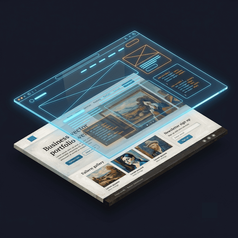 A painting on a canvas (representing server styles) sits 5cm beneath a sheet of glass with UI components sketched upon it (representing Styler’s Live Preview feature).